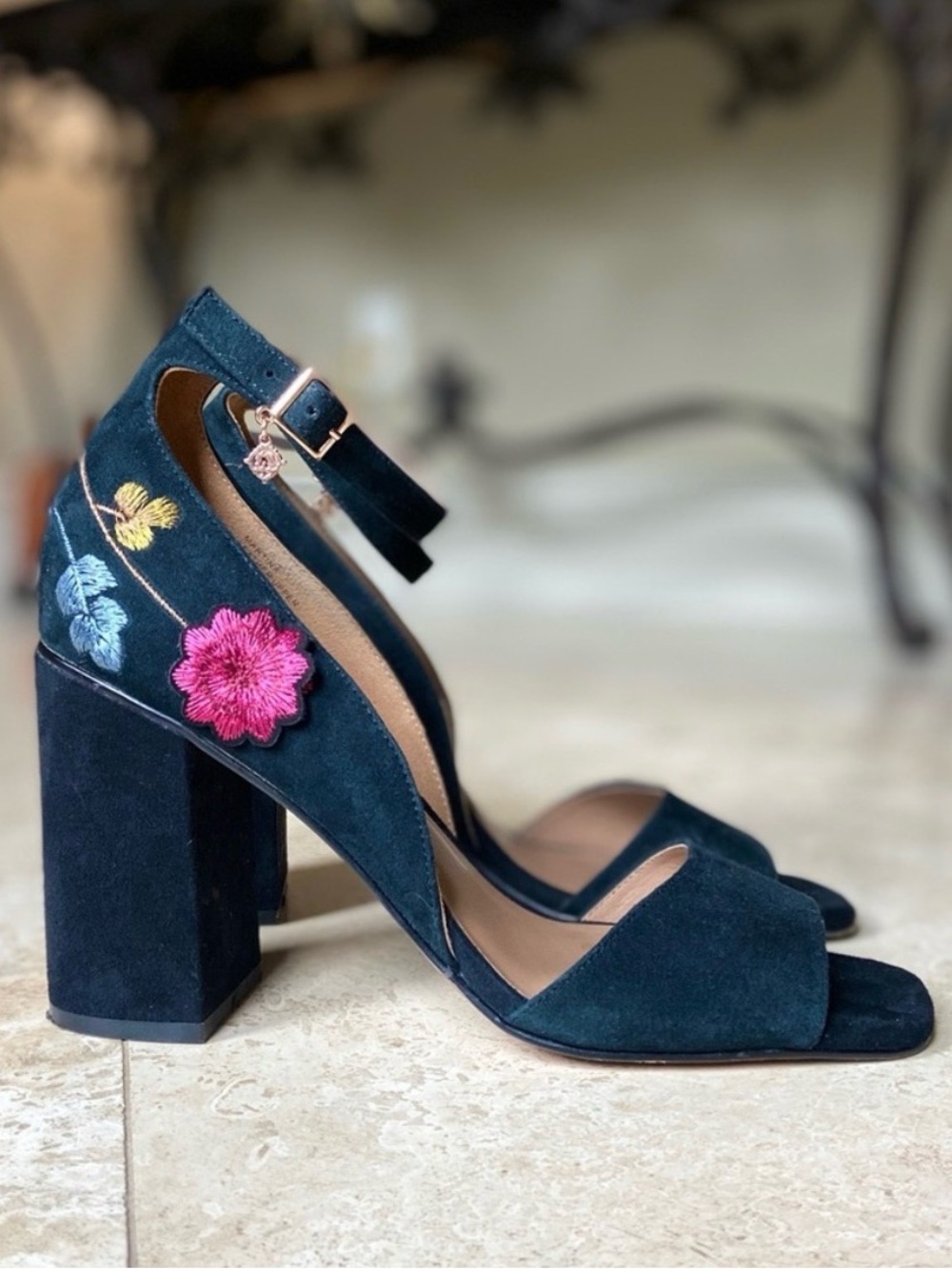Nanette Lepore Teal Suede Block Heel Sandals with Floral Embroidery